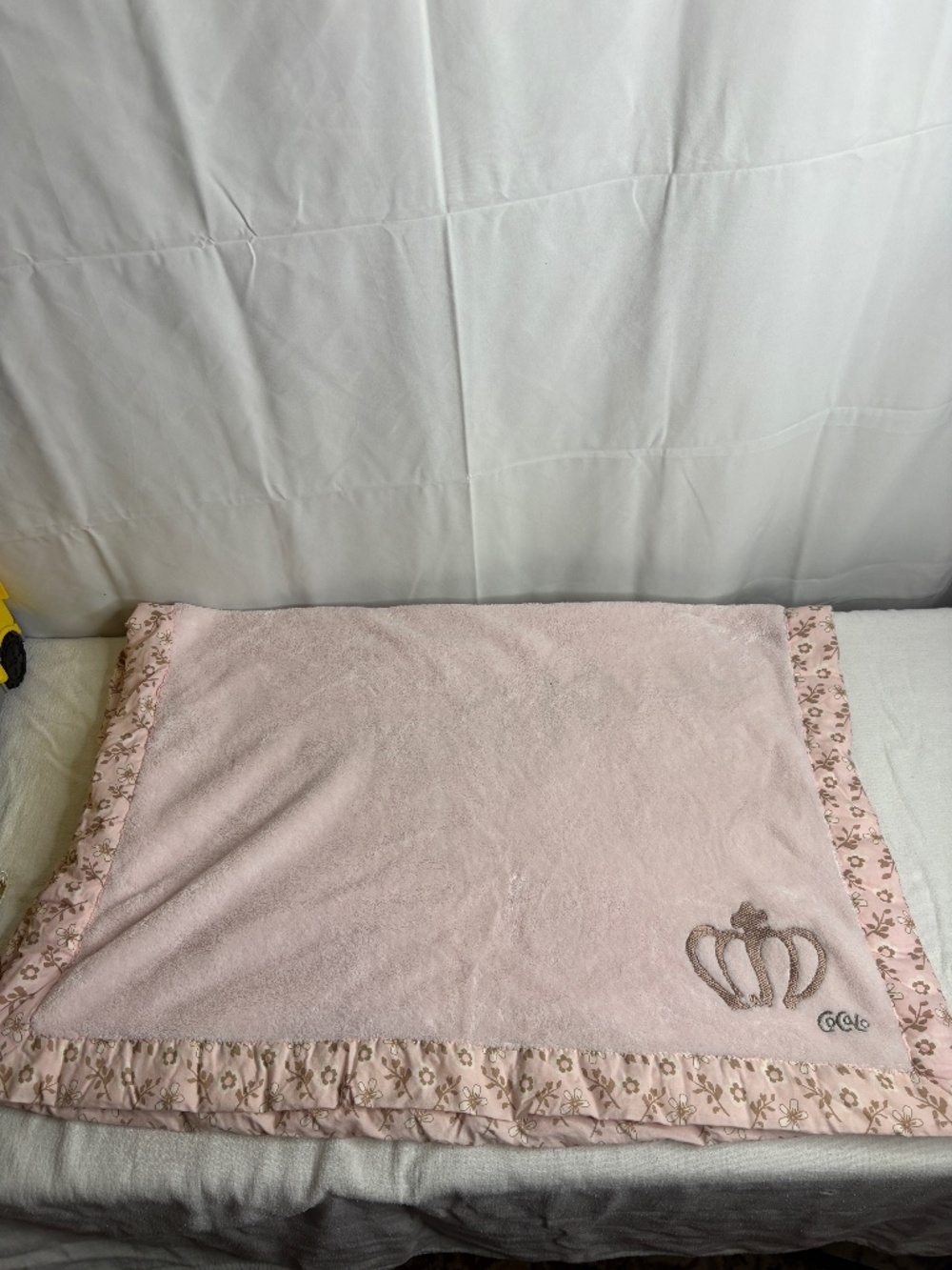 Cocalo Baby Pink Blanket Floral Pink Brown Trim Embroidered Crown 30 in x 40 in